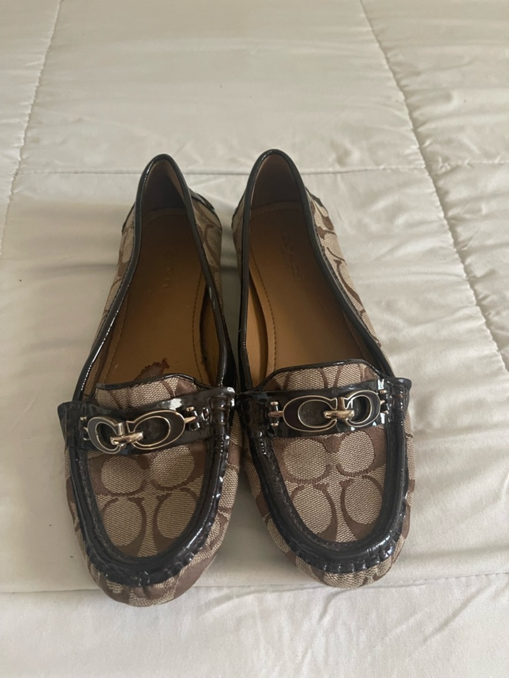 Coach Brown Logo Canvas and Black Patent Trim Loafers